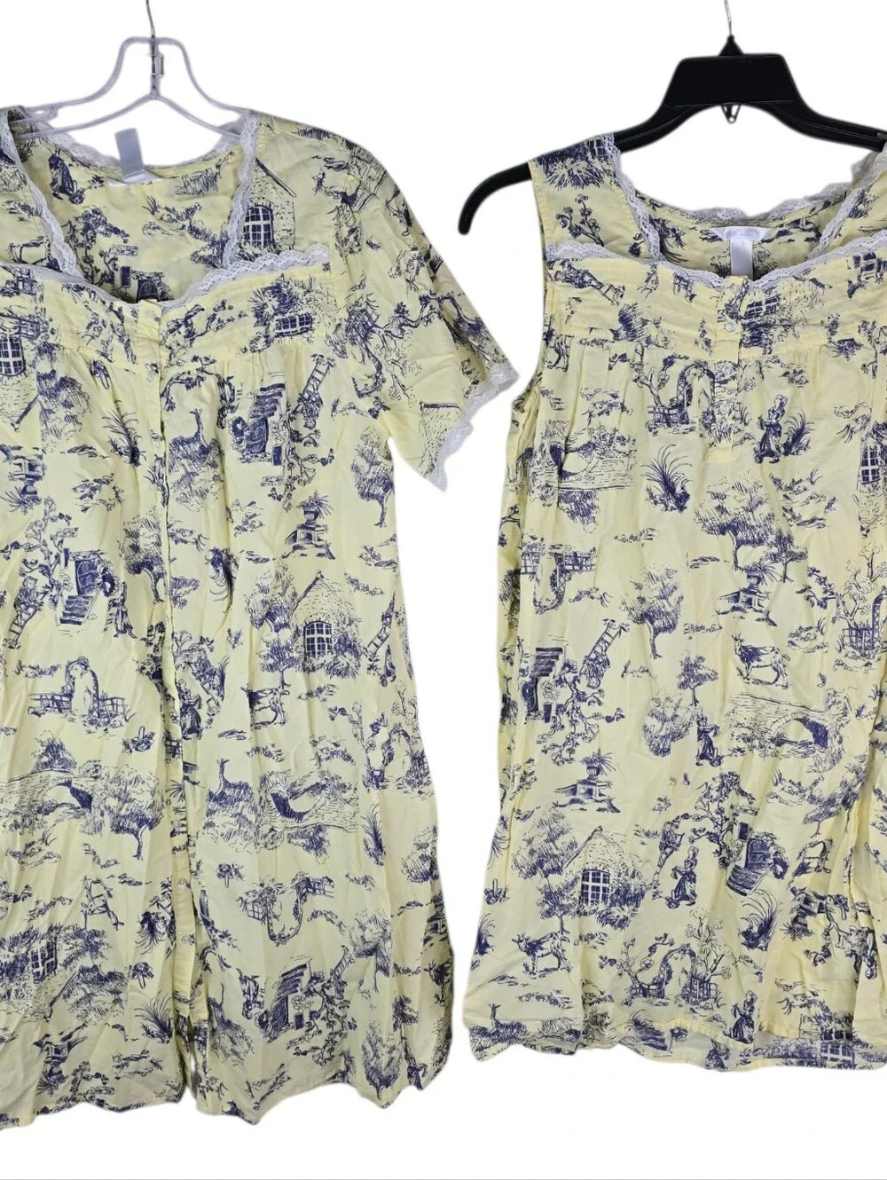 Adonna LARGE Country Landscape Toile Yellow Pintuck Cottagecore Nightgown Set